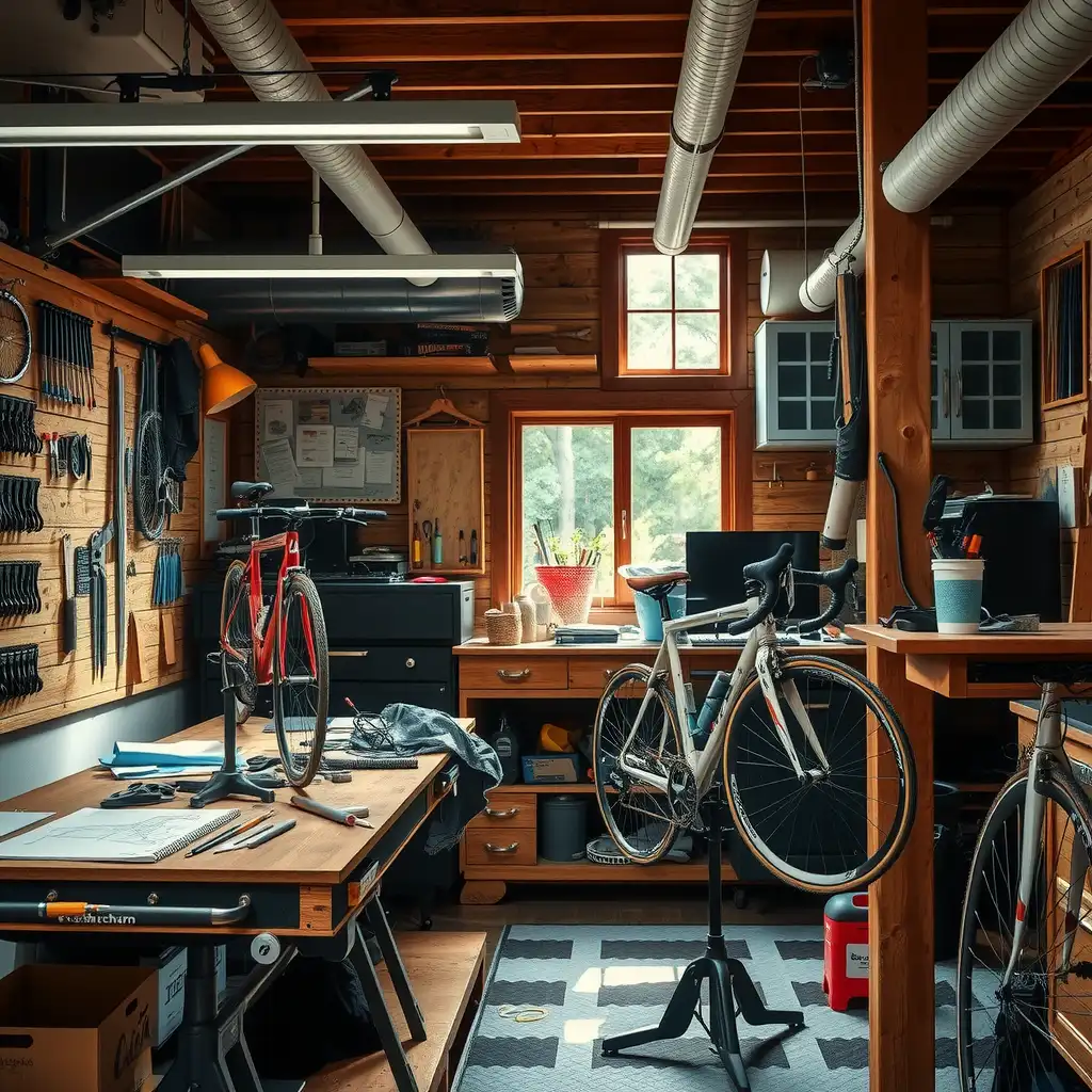 A vibrant workspace of a custom bike builder, featuring tools, partially assembled bikes, and creative sketches, showcasing craftsmanship and innovation in a rustic workshop setting.