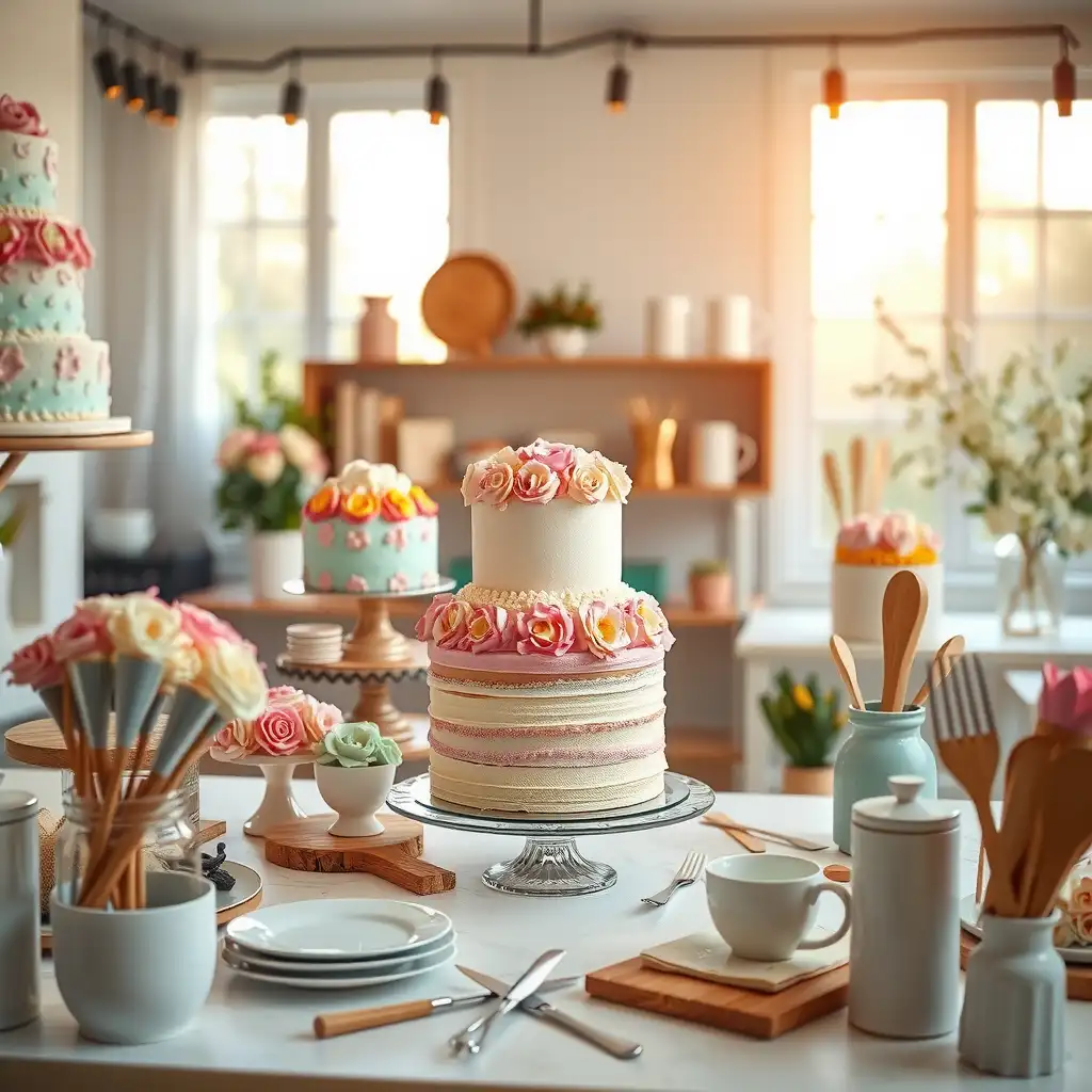 A beautifully designed cake studio featuring pastel-colored cakes, intricate frosting designs, and an array of baking tools, showcasing a creative workspace for a custom cake designer.