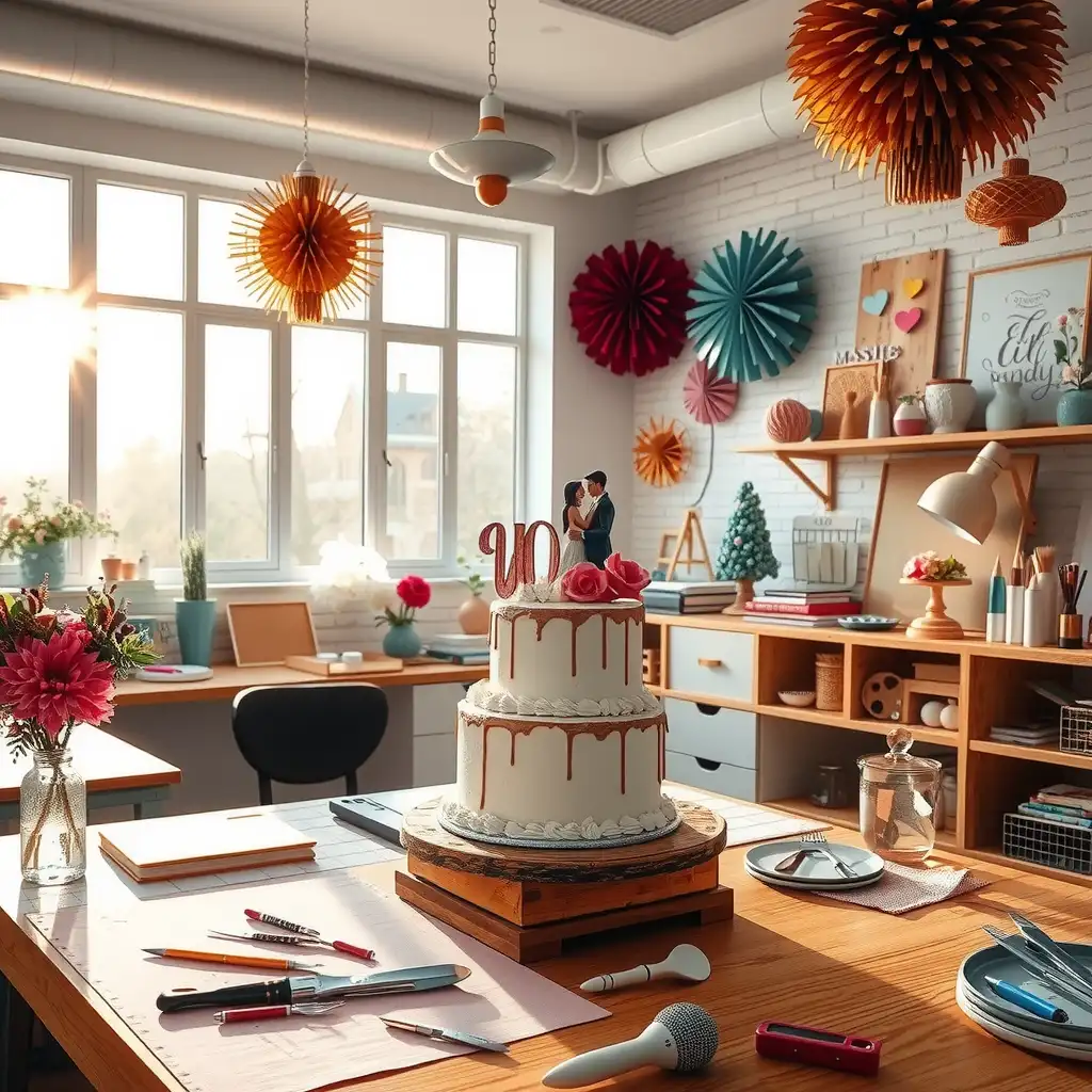 Inviting workspace of a custom cake topper designer filled with colorful cake toppers, tools, and inspiring decorations, showcasing creativity and craftsmanship.