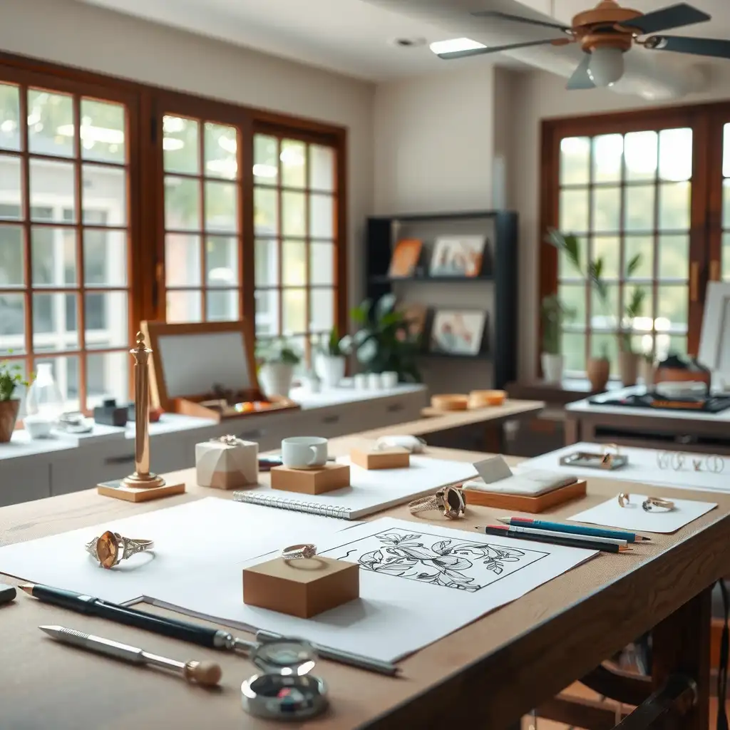 Elegant workspace of a custom jewelry designer, featuring handcrafted pieces, tools, gemstones, and sketches in a bright and inviting setting.