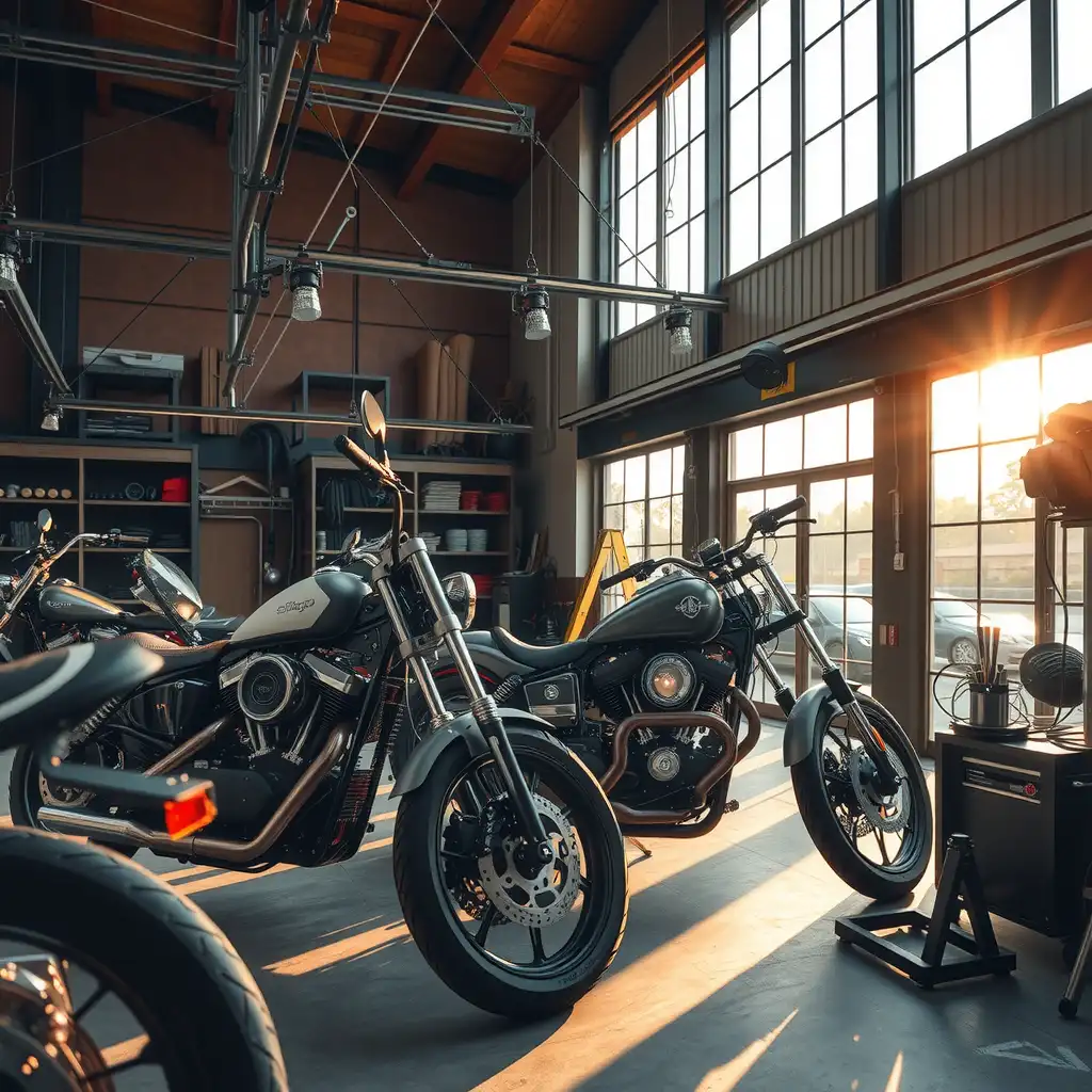 Custom motorcycle workshop showcasing skilled builders at work, intricate motorcycle designs, and a vibrant array of tools and parts, all illuminated by warm natural light.