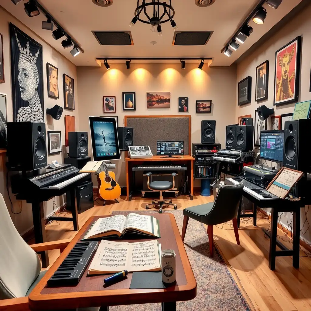 A modern music composition studio featuring advanced instruments, sound equipment, and creative decor, showcasing a vibrant and inspiring workspace for a custom music composer.