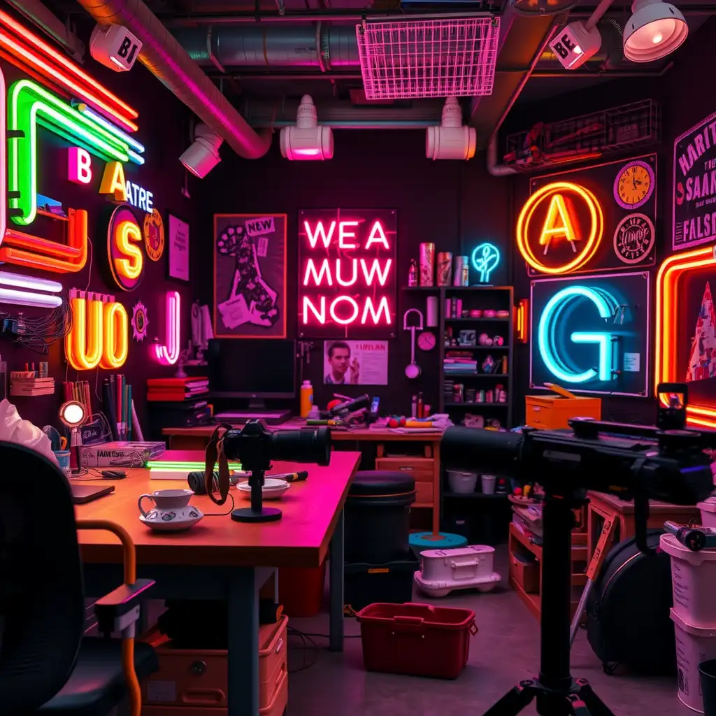 A vibrant workspace of a custom neon sign creator, featuring colorful neon tubes, tools, and glowing letters, showcasing the artistry and creativity involved in crafting unique designs.