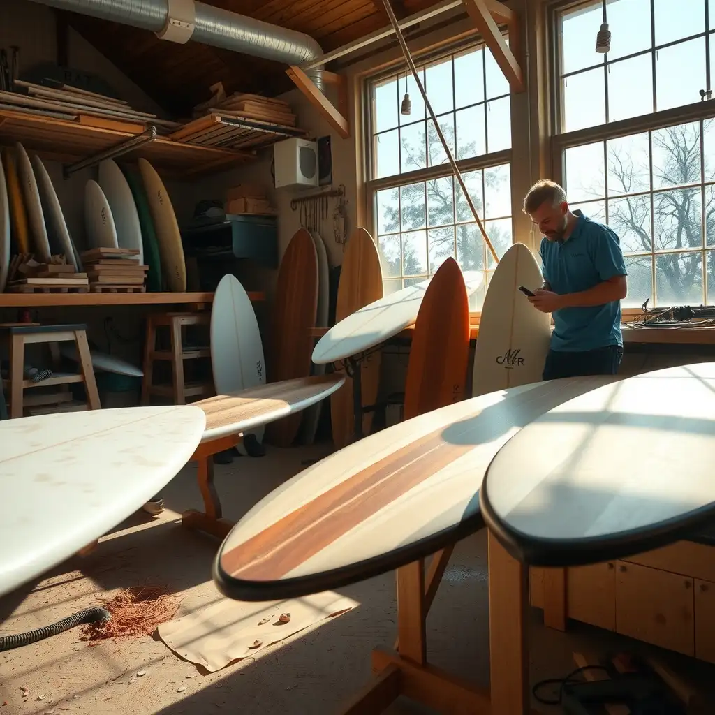 A vibrant workspace of a custom surfboard maker, showcasing surfboards in various stages of creation, tools, and materials, highlighting craftsmanship and creativity in surfing culture.