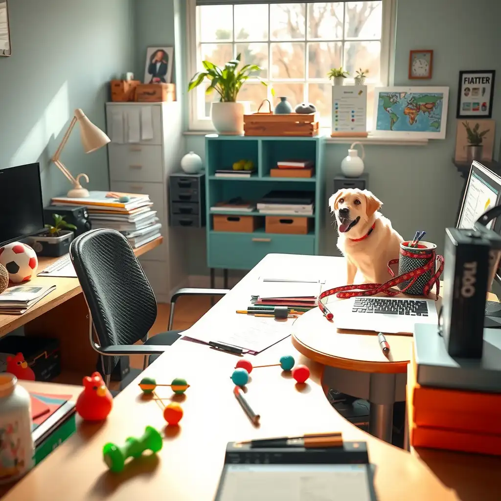 A vibrant workspace dedicated to dog training, featuring a well-organized desk with training manuals and colorful dog toys, alongside a friendly dog engaged in a training session.