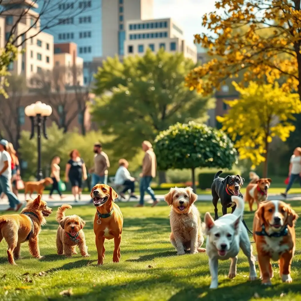 A vibrant urban park scene featuring happy dogs of various breeds with attentive dog walkers, showcasing an engaging web design for a dog walking service. Bright colors and playful typography create a warm, inviting atmosphere that emphasizes joy and companionship.