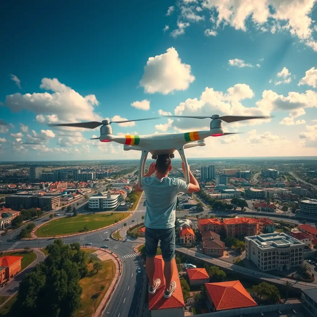 Aerial view of vibrant drone photography in action, showcasing diverse landscapes with urban architecture and natural scenery.