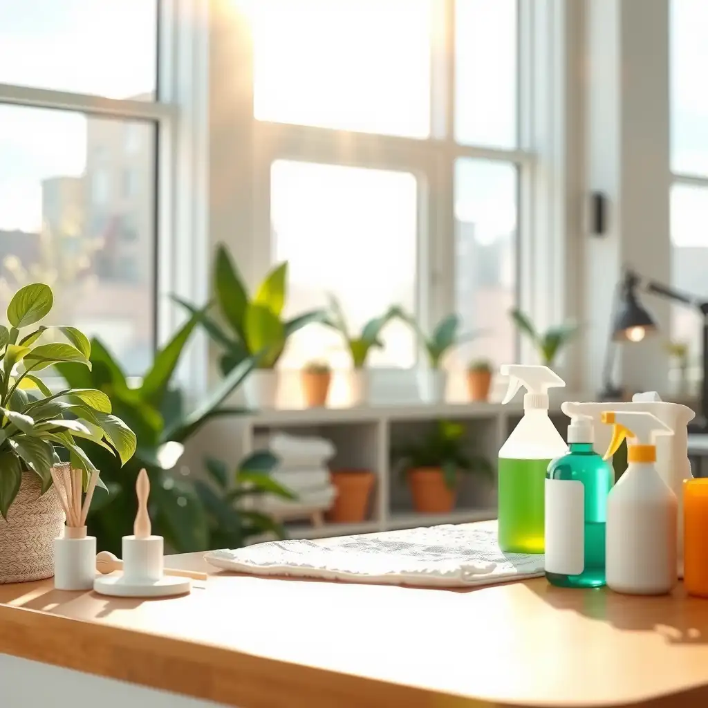 A bright and modern workspace featuring eco-friendly cleaning products, lush green plants, and sustainable tools, designed to promote a commitment to environmental responsibility.