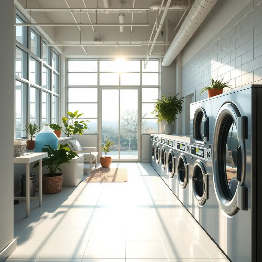 Eco-friendly laundry service facility featuring energy-efficient machines, biodegradable detergents, and lush plants, emphasizing sustainability and cleanliness.