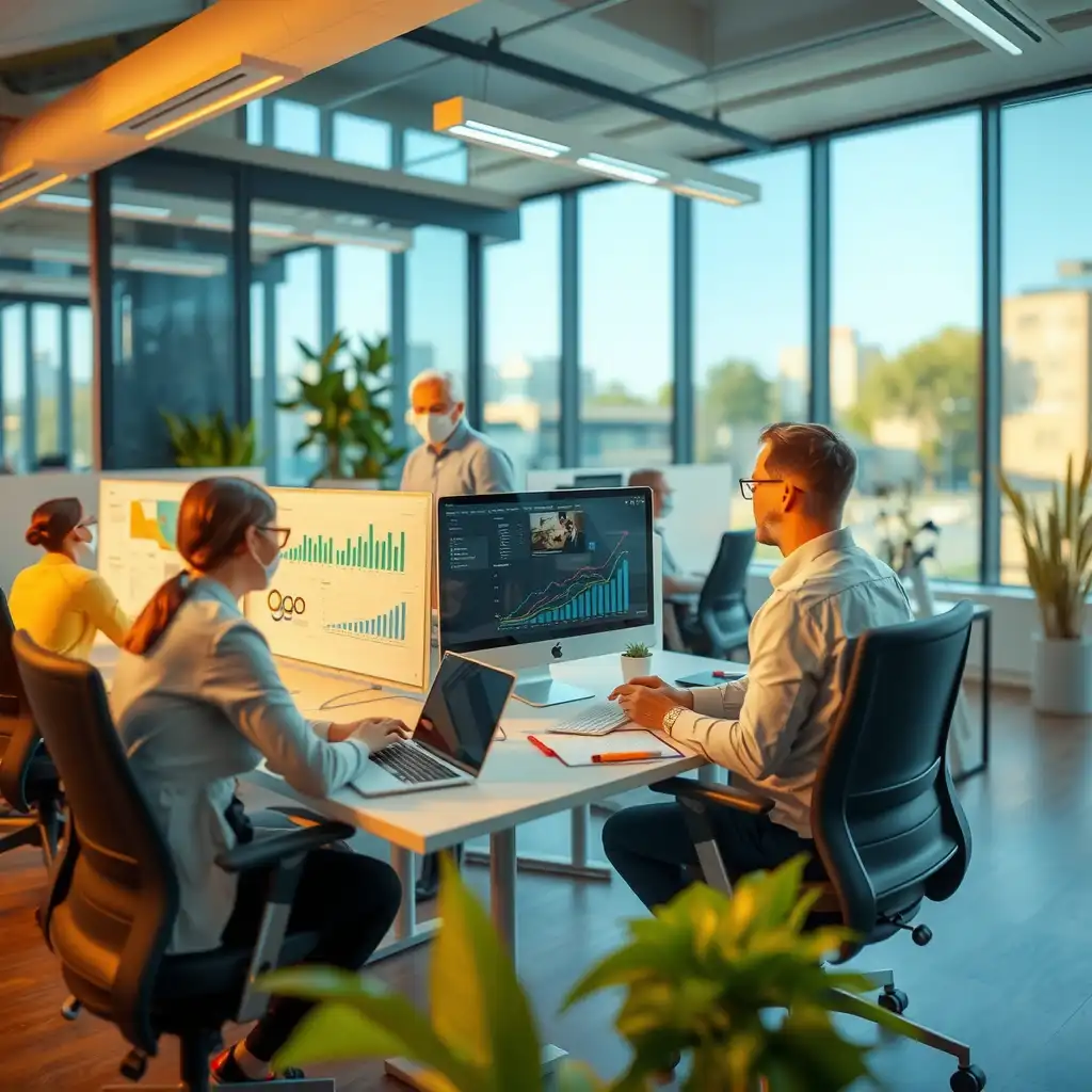 A modern e-commerce accounting workspace featuring sleek computers, organized paperwork, and a collaborative atmosphere, showcasing professionalism and innovation.