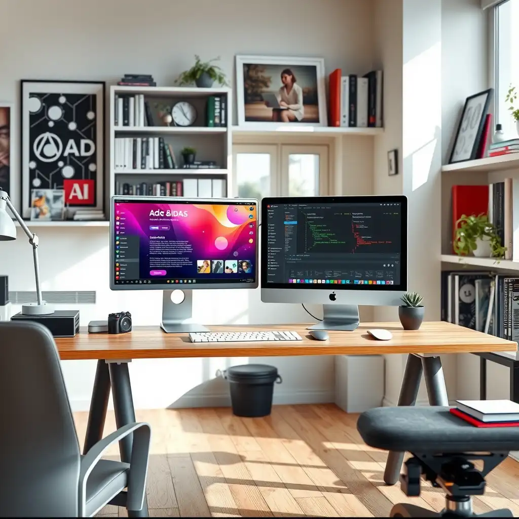 A modern workspace for an e-commerce website developer featuring dual monitors, a sleek desk, and shelves filled with books and art that inspire creativity.