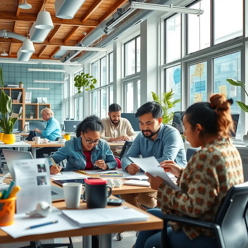 A diverse group of individuals collaborating in a modern workspace filled with educational resources and digital devices, showcasing creativity and teamwork.