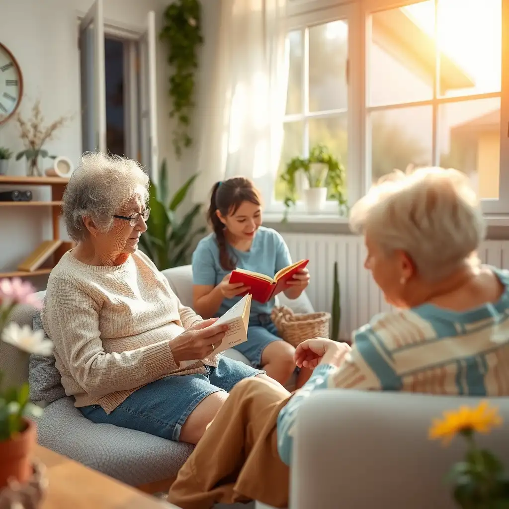 A cozy and inviting living space designed for elderly care, featuring comfortable seating, natural light, and engaging activities that promote companionship and support.