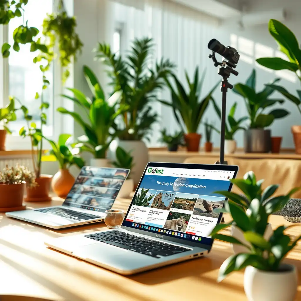 A bright and inspiring digital workspace dedicated to environmental conservation, featuring lush indoor plants, eco-friendly decor, and open laptops displaying articles on wildlife protection and sustainable practices.