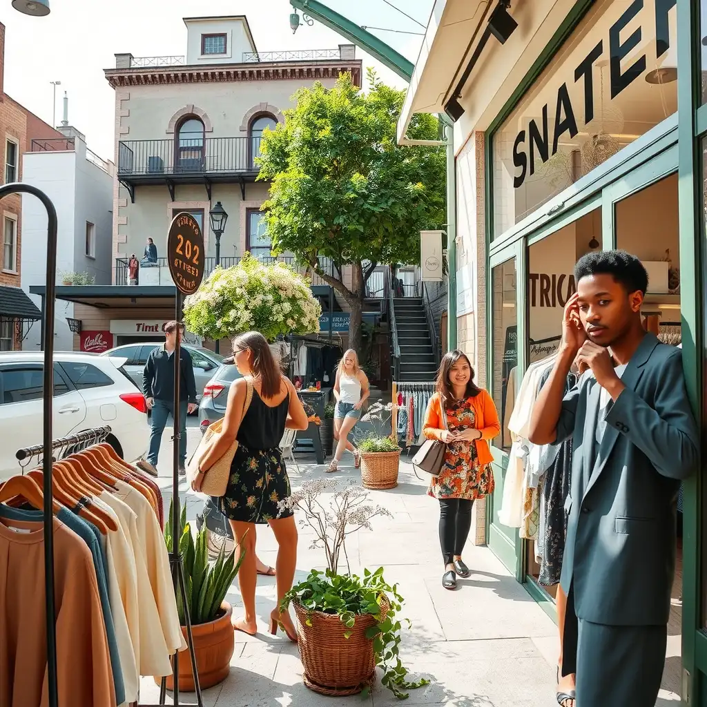 An inviting ethical fashion boutique showcasing sustainable clothing and eco-friendly decor, with diverse customers engaged in shopping.