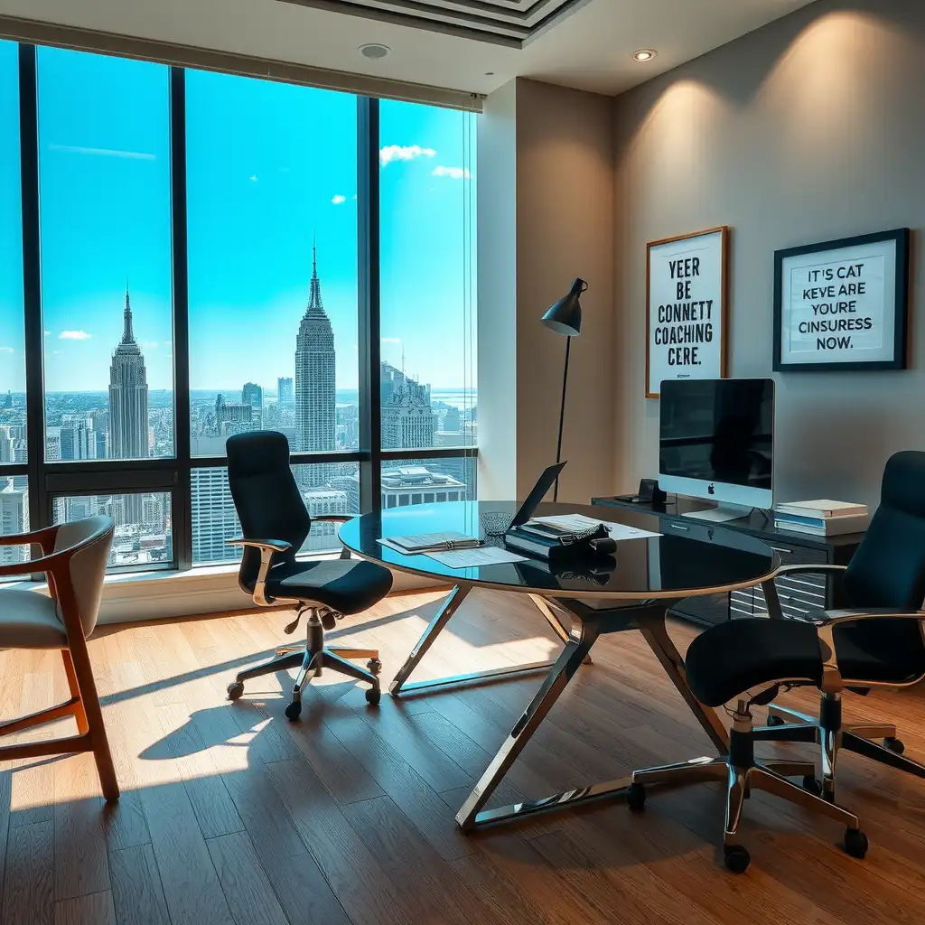 A modern executive coaching workspace featuring a sleek desk with coaching materials, framed motivational quotes on the walls, and a city skyline view through large windows, conveying professionalism and inspiration.