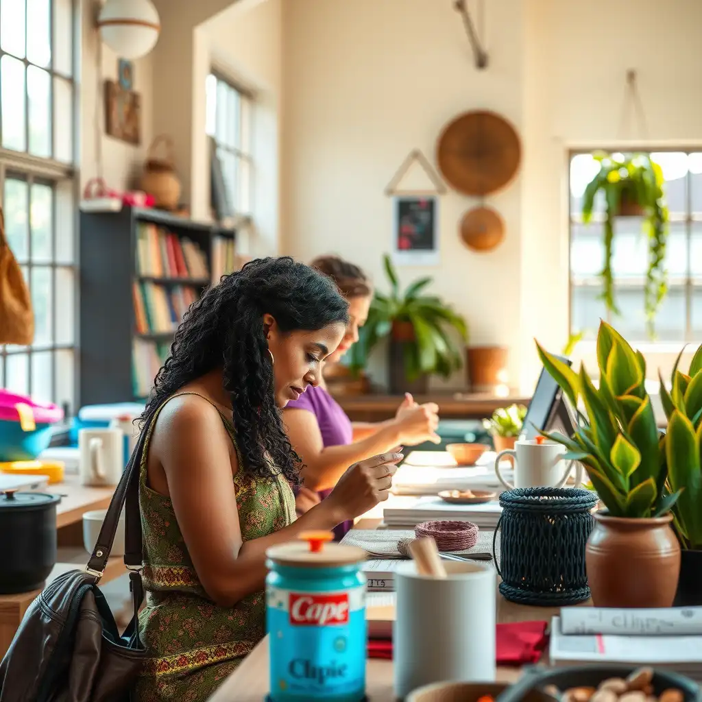 A vibrant workspace of a fair trade social enterprise, featuring artisans creating colorful products from sustainable materials, with natural light illuminating the scene and elements that reflect community engagement and ethical practices.