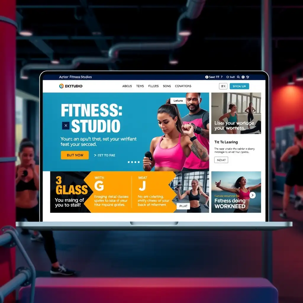 A vibrant and modern fitness studio website interface showcasing engaging visuals, motivational quotes, and intuitive navigation elements that emphasize community and wellness.