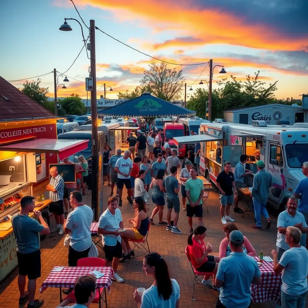 A vibrant food truck scene bustling with activity, featuring colorful trucks serving various delicious dishes and cheerful customers enjoying their meals in a lively, community atmosphere.