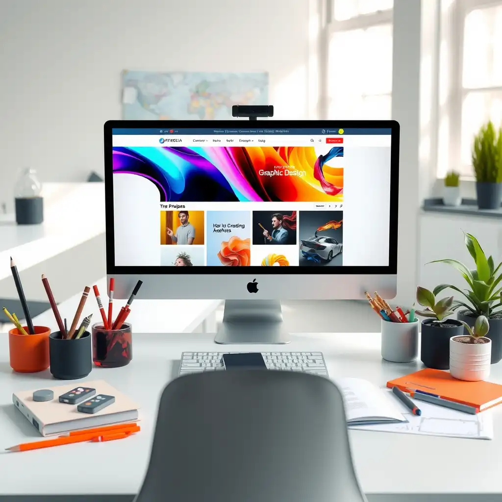 A modern freelance graphic designer's website interface displayed on a computer screen, surrounded by design tools and sketchbooks in a creative workspace.