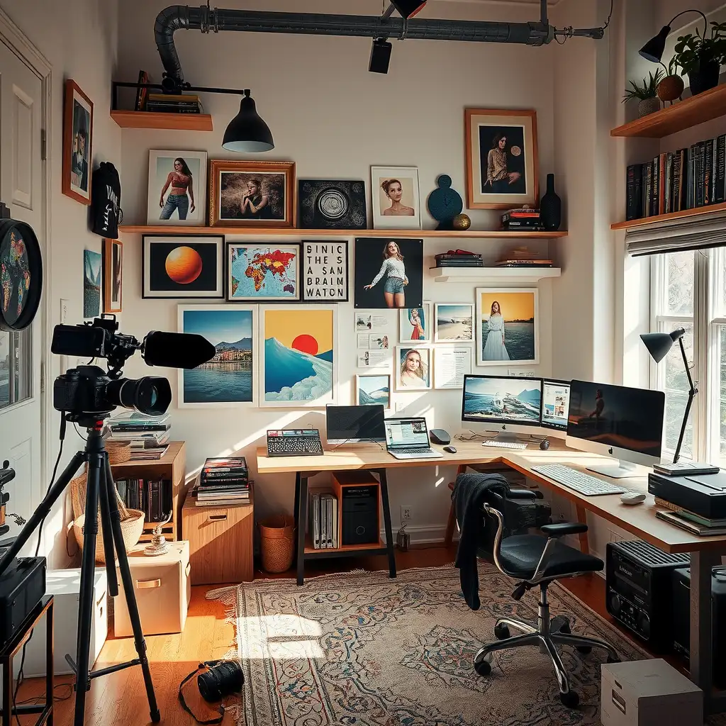 A vibrant workspace for a freelance photographer, featuring photography equipment, mood boards, colorful prints on the walls, and natural light streaming through large windows.