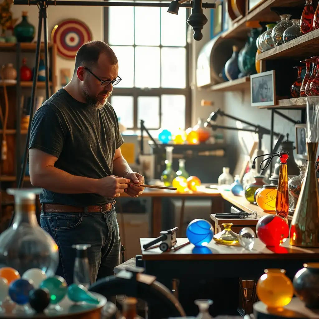 A skilled glassblower works in a vibrant studio filled with colorful molten glass and intricate tools, surrounded by stunning glass creations that showcase the artistry and craftsmanship of the ancient craft.