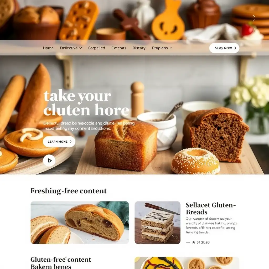 A vibrant gluten-free bakery website homepage featuring an array of baked goods, a warm color palette, and engaging visuals.