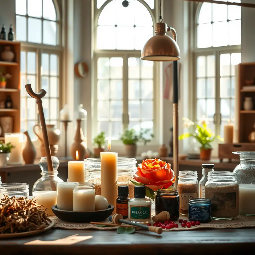 An inviting workspace featuring an array of colorful handmade candles, essential oils, and crafting tools, capturing a warm and creative atmosphere.