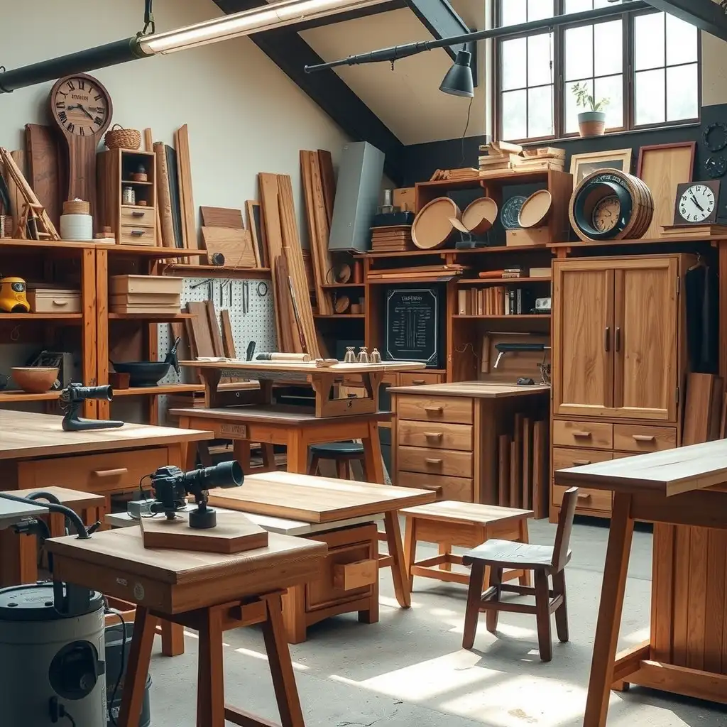 A beautifully crafted workspace of a handmade furniture maker, featuring intricate wood pieces and tools surrounded by warm wood tones, evoking creativity and craftsmanship.