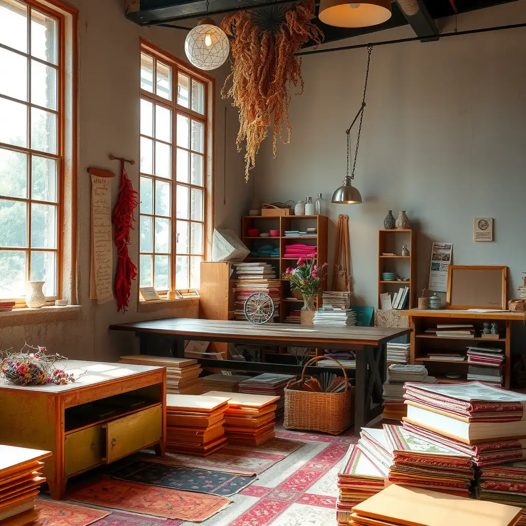 A vibrant workspace for handmade paper production, showcasing colorful sheets, tools like deckles and molds, and artistic elements such as dried flowers and natural fibers.