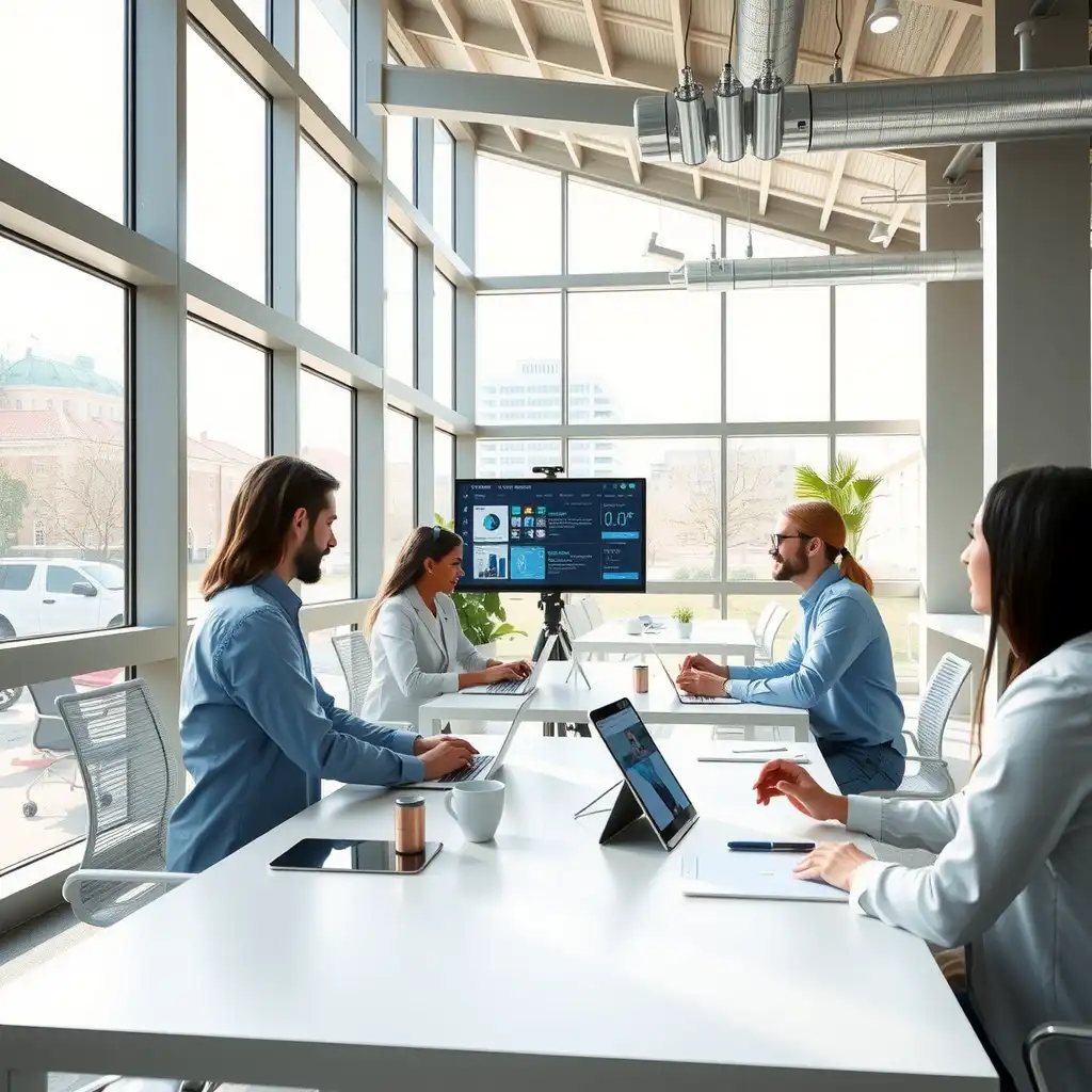 A modern and collaborative workspace for healthcare app developers, featuring innovative technology, digital devices displaying healthcare applications, and a bright, open environment designed for creativity and teamwork.