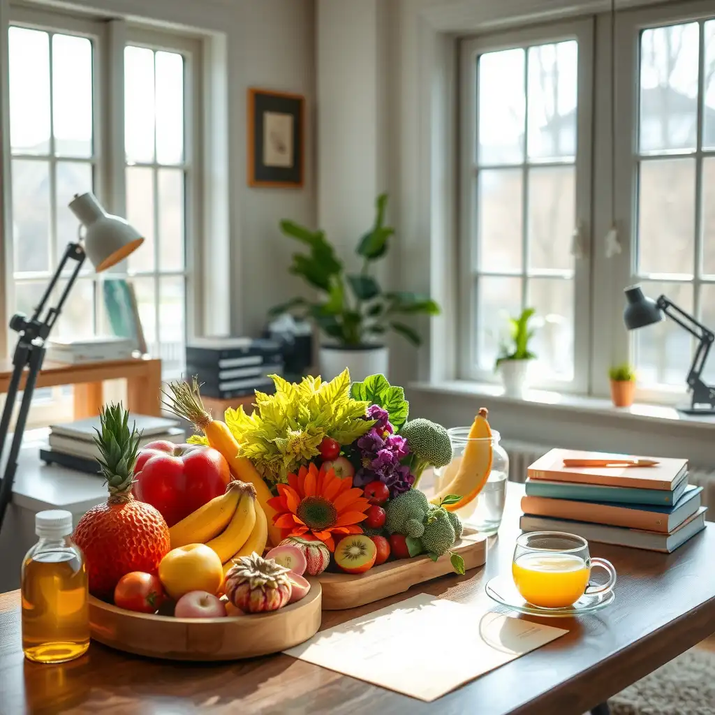 Inviting workspace for a holistic nutritionist featuring fresh fruits, vegetables, herbal teas, and wellness books arranged on a stylish desk, illuminated by soft natural light.