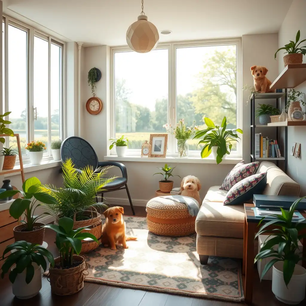 A serene and inviting workspace for a holistic pet care service, featuring natural elements, colorful pet products, and a cozy consultation area that reflects warmth and professionalism.