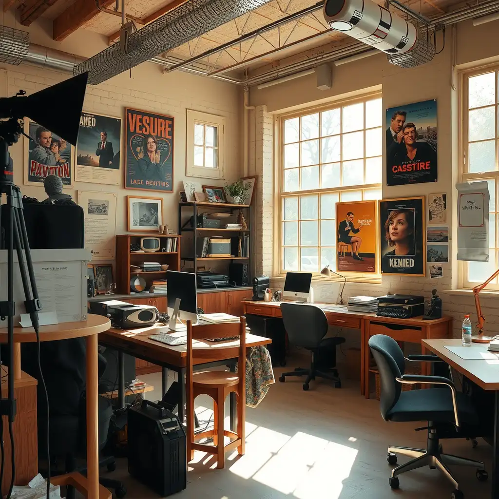 Creative workspace for indie film production, featuring vintage film equipment, storyboards, and vibrant posters, capturing the essence of collaboration and artistic inspiration.