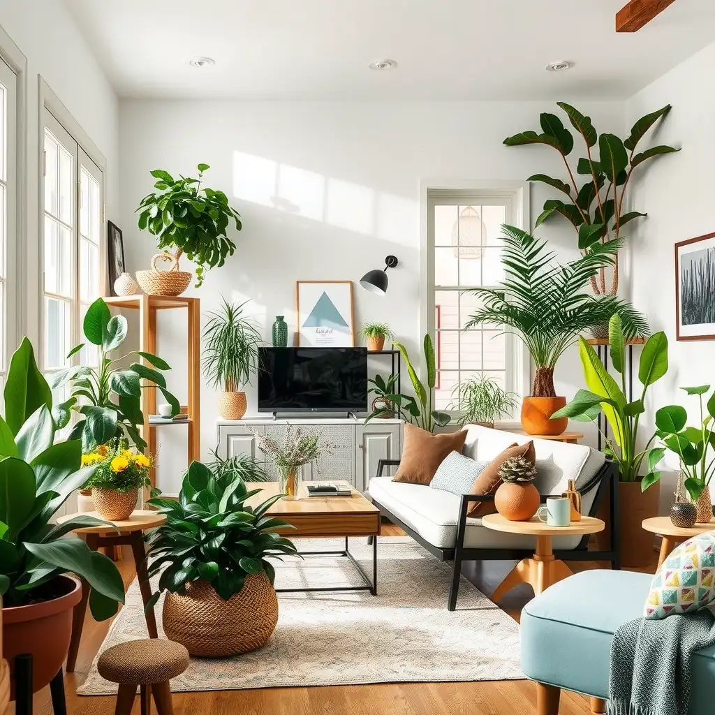 A beautifully curated living room featuring a variety of lush houseplants, modern furnishings, and decorative elements, all bathed in soft natural light, creating a serene and inviting atmosphere.