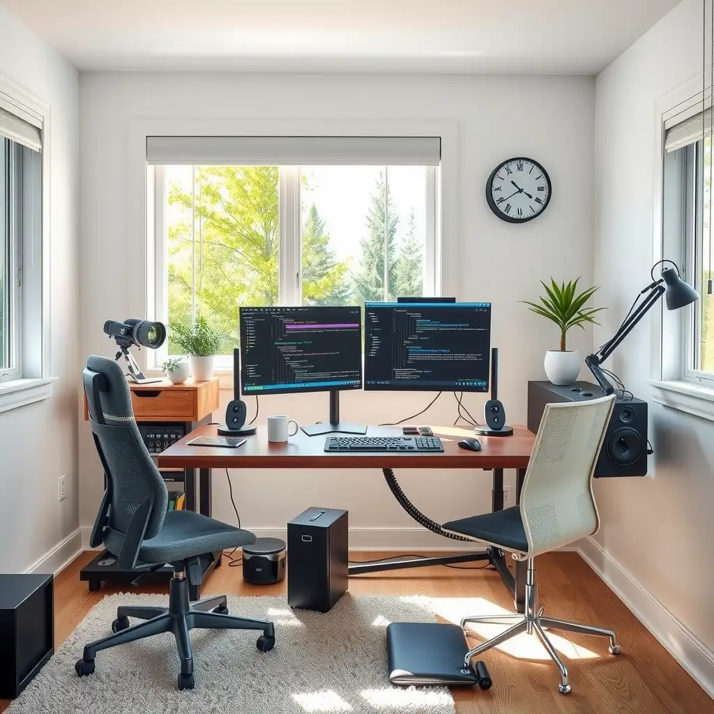 A modern home office setup for remote IT support workers featuring dual monitors, ergonomic furniture, organized cables, and essential tech gadgets in a vibrant and productive environment.