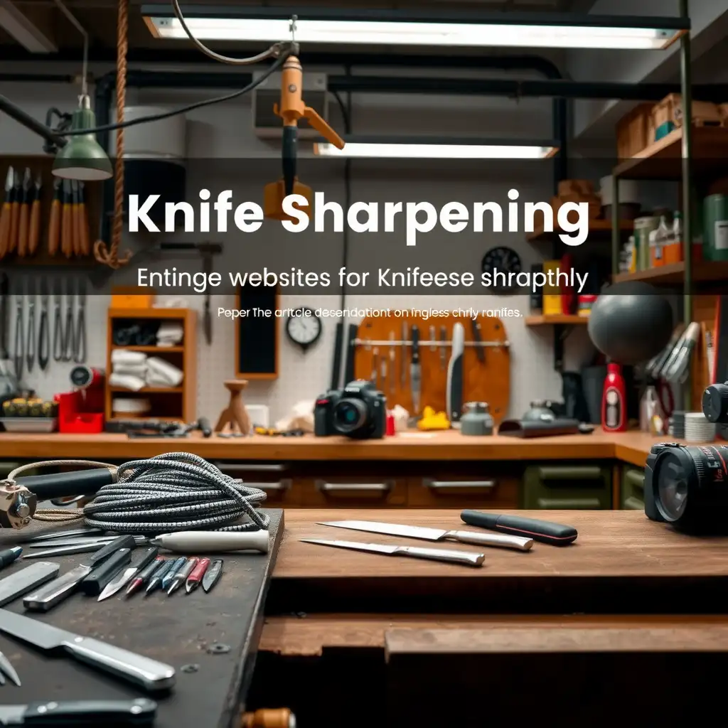 Website layout design for a knife sharpening service, featuring a modern workshop with tools, sections for blog posts, testimonials, and maintenance tips, all presented in a vibrant color palette.