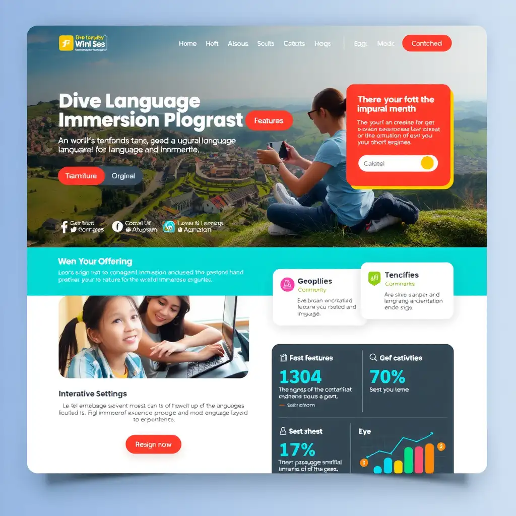 Homepage layout for a language immersion program, featuring vibrant images of students engaged in cultural activities and language classes, with interactive elements, testimonials, and infographics highlighting the benefits of immersive learning.