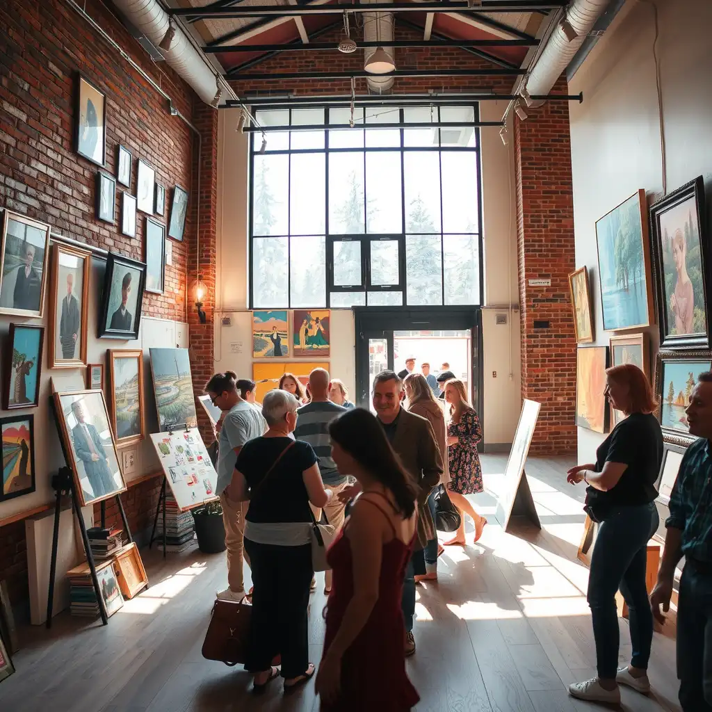 A vibrant local artist gallery filled with diverse artworks, featuring visitors engaged in appreciation and connection. Bright light illuminates the colorful displays, showcasing the creative spirit of the space.