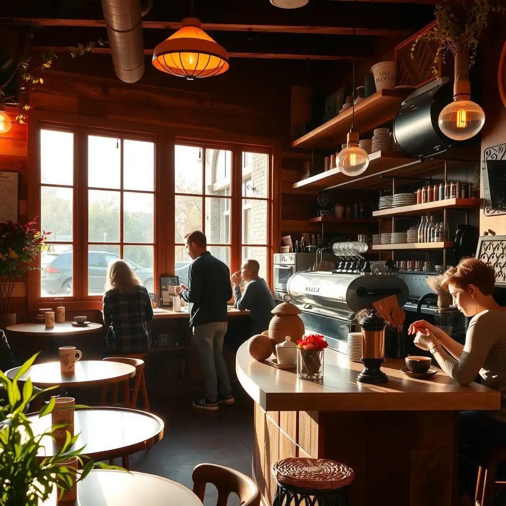 A cozy coffee shop interior with a barista preparing drinks, patrons enjoying their beverages, and warm wood decor creating an inviting atmosphere.