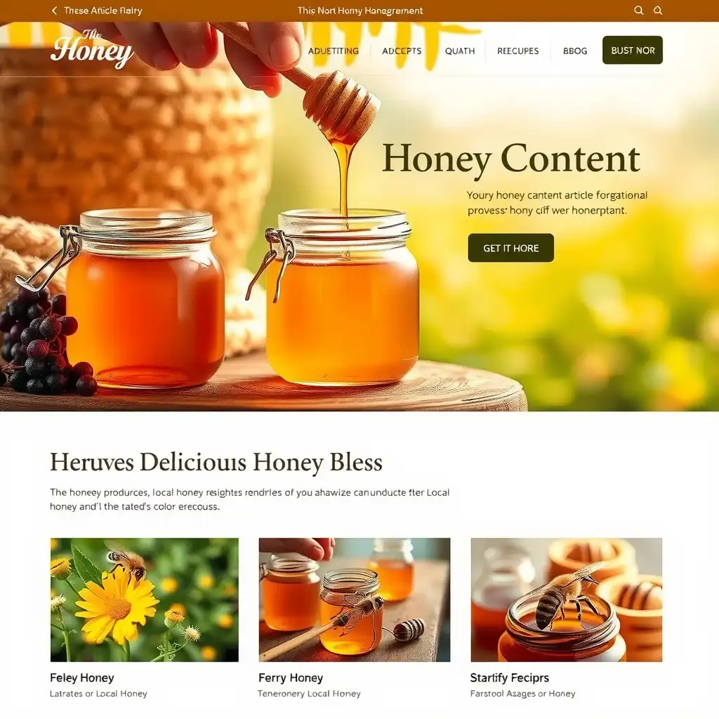 A beautifully designed website layout for a local honey producer, featuring vibrant images of honey jars, bees, and flower fields with a warm color palette.