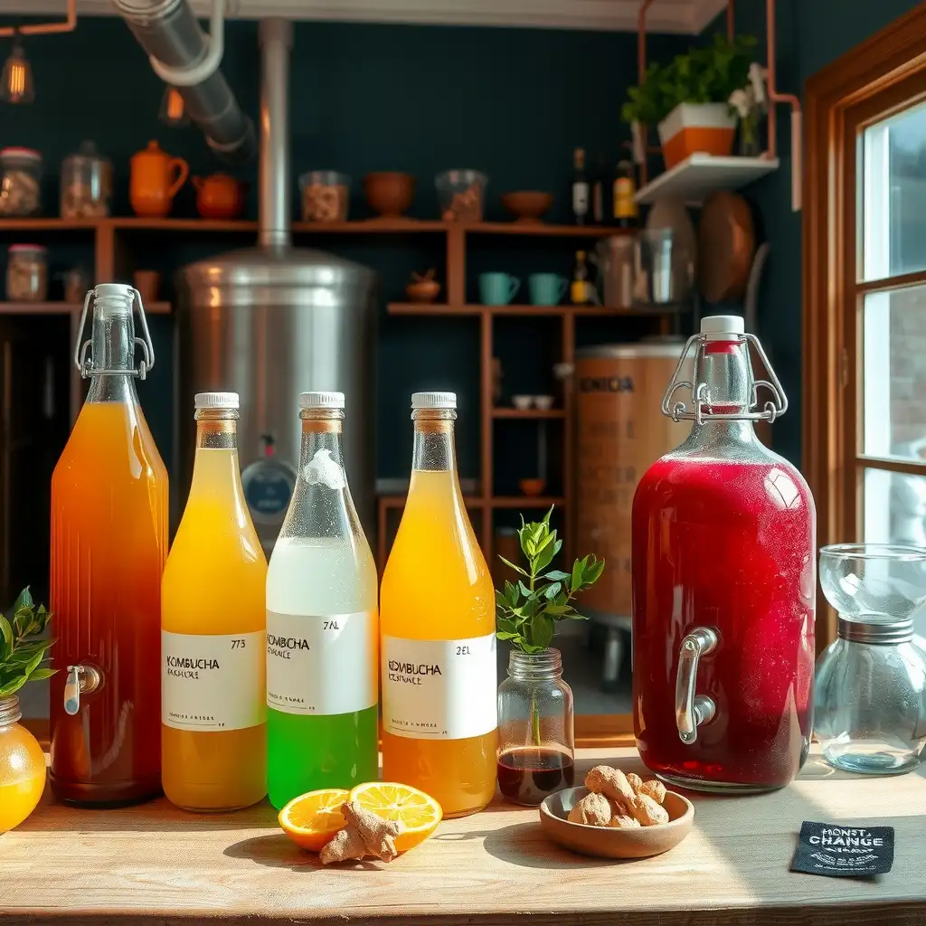 A vibrant kombucha brewing workspace showcasing colorful bottles, fresh ingredients, and artisanal equipment, reflecting creativity and community spirit.