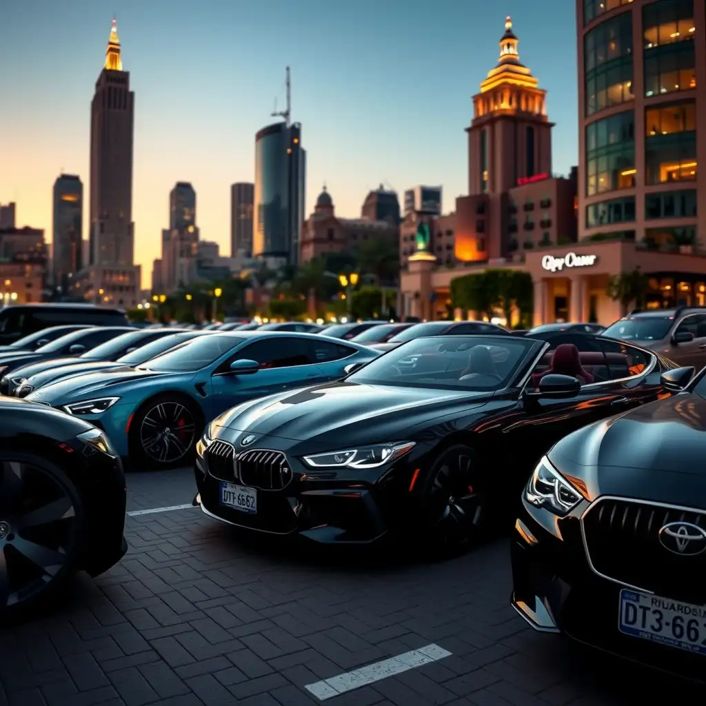 A luxurious car rental service homepage featuring high-end vehicles in an upscale urban setting, with elegant architecture and ambient lighting highlighting the sophistication and allure of luxury cars.