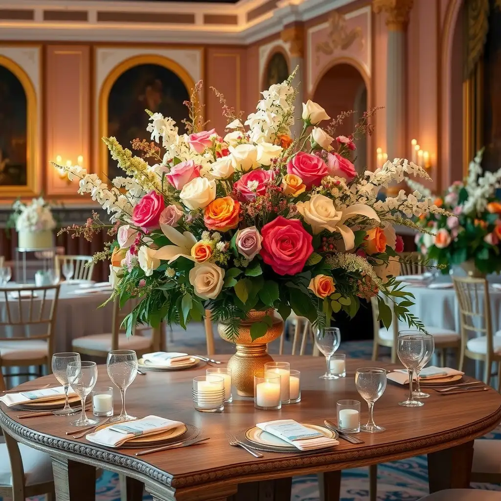 Elegant floral arrangement in a luxurious venue, featuring vibrant colors, intricate designs, and sophisticated table settings.