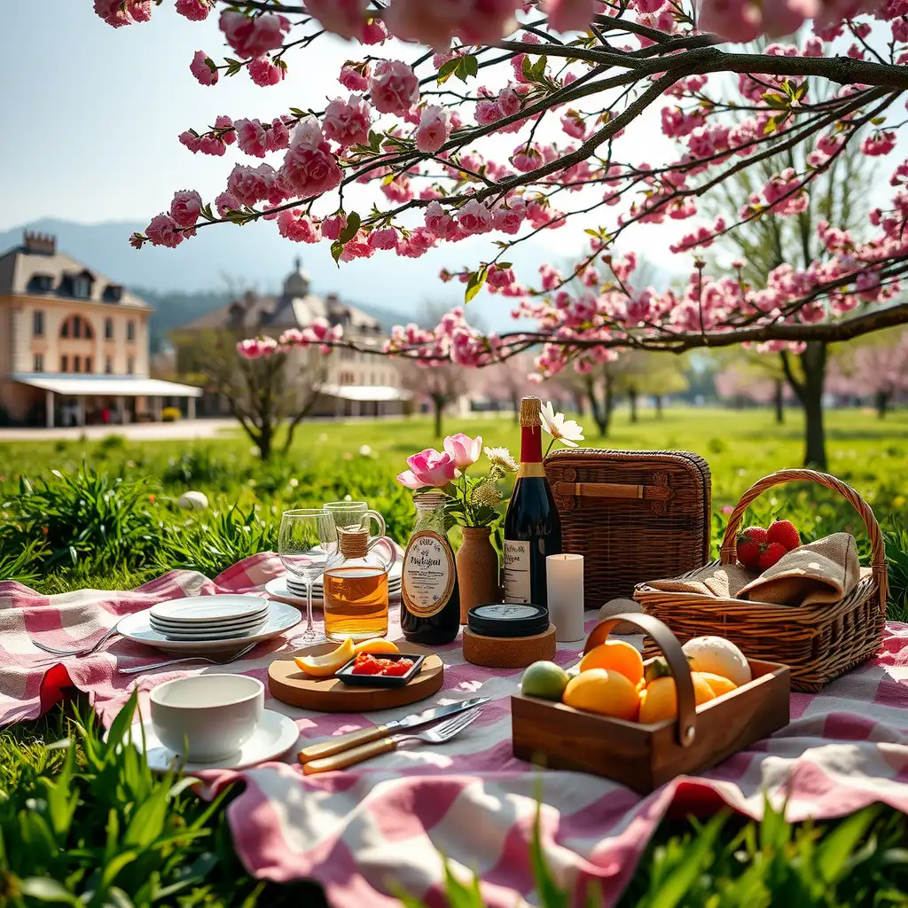 An elegant picnic setup featuring gourmet food, fine china, and plush blankets amidst blooming flowers and lush greenery.