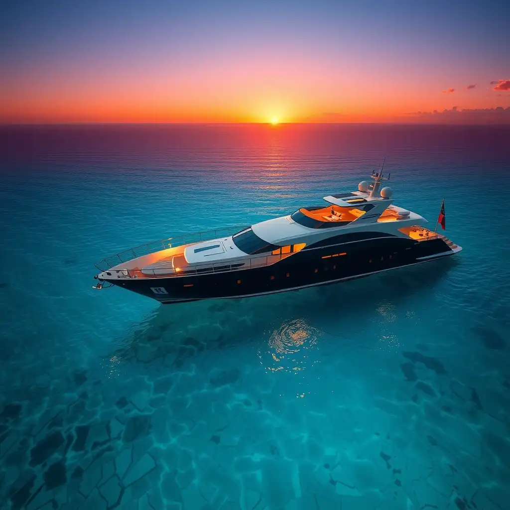 Opulent luxury yacht anchored in a tranquil turquoise bay at sunset, showcasing sleek design and lavish amenities against a backdrop of breathtaking ocean views.