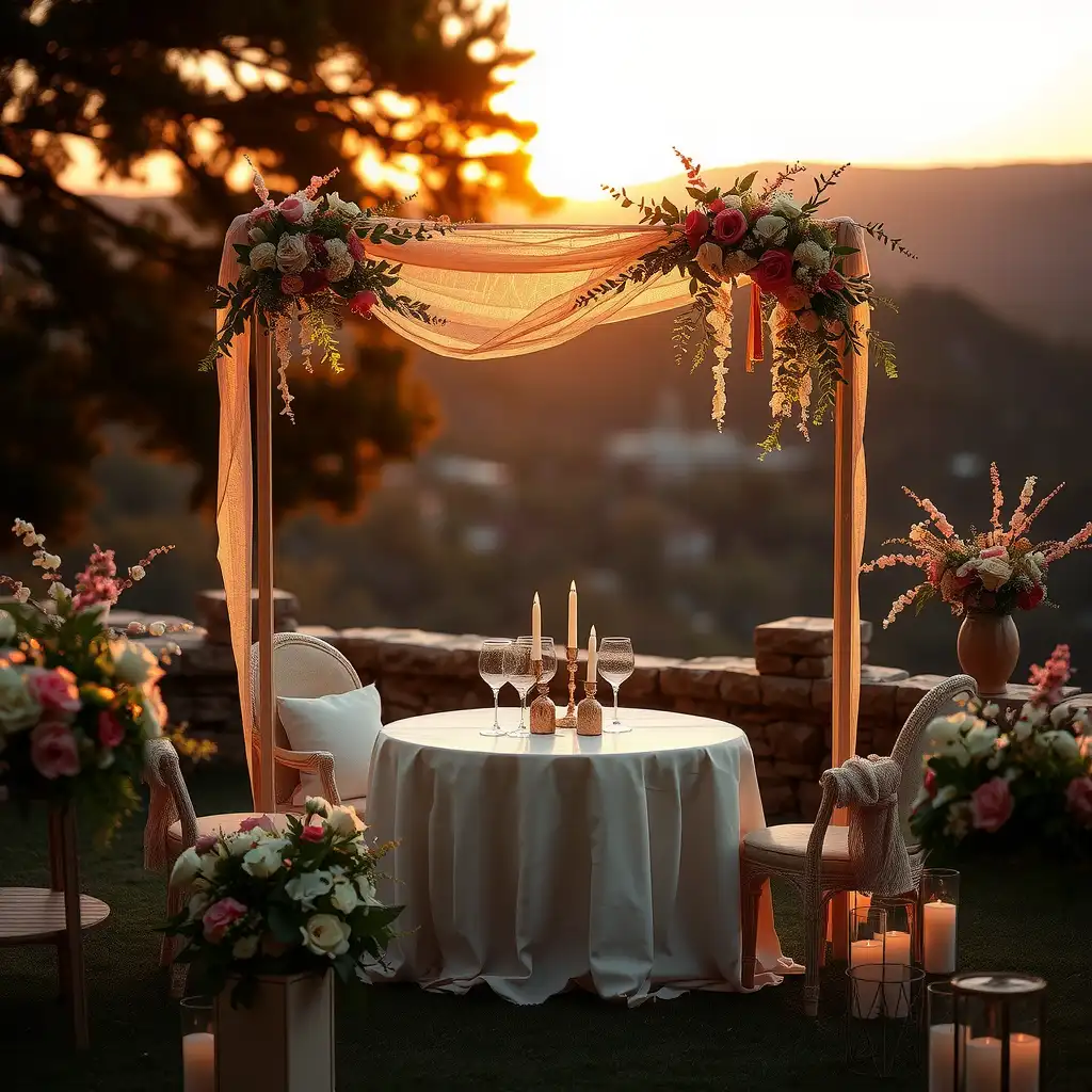 Elegant micro-wedding setup featuring delicate floral arrangements, ambient lighting, and charming table settings, creating an intimate and romantic atmosphere.