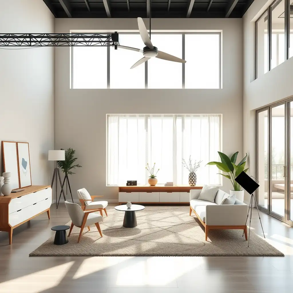 A modern minimalist interior design studio featuring clean lines, spacious layout, and carefully curated decor elements, bathed in soft natural light.