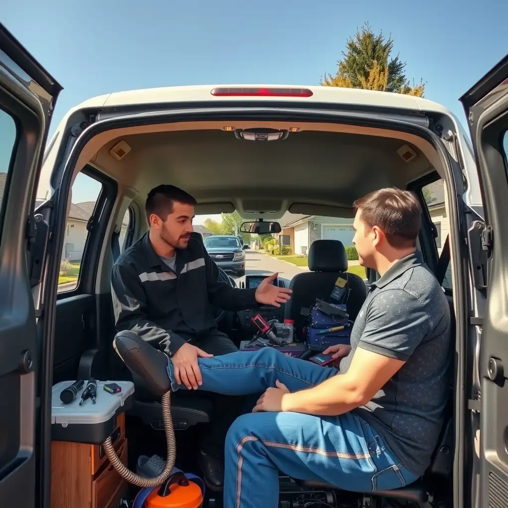 A mobile car mechanic interacting with a customer in a suburban setting, surrounded by tools and equipment in an open van, showcasing convenience and professionalism in automotive services.