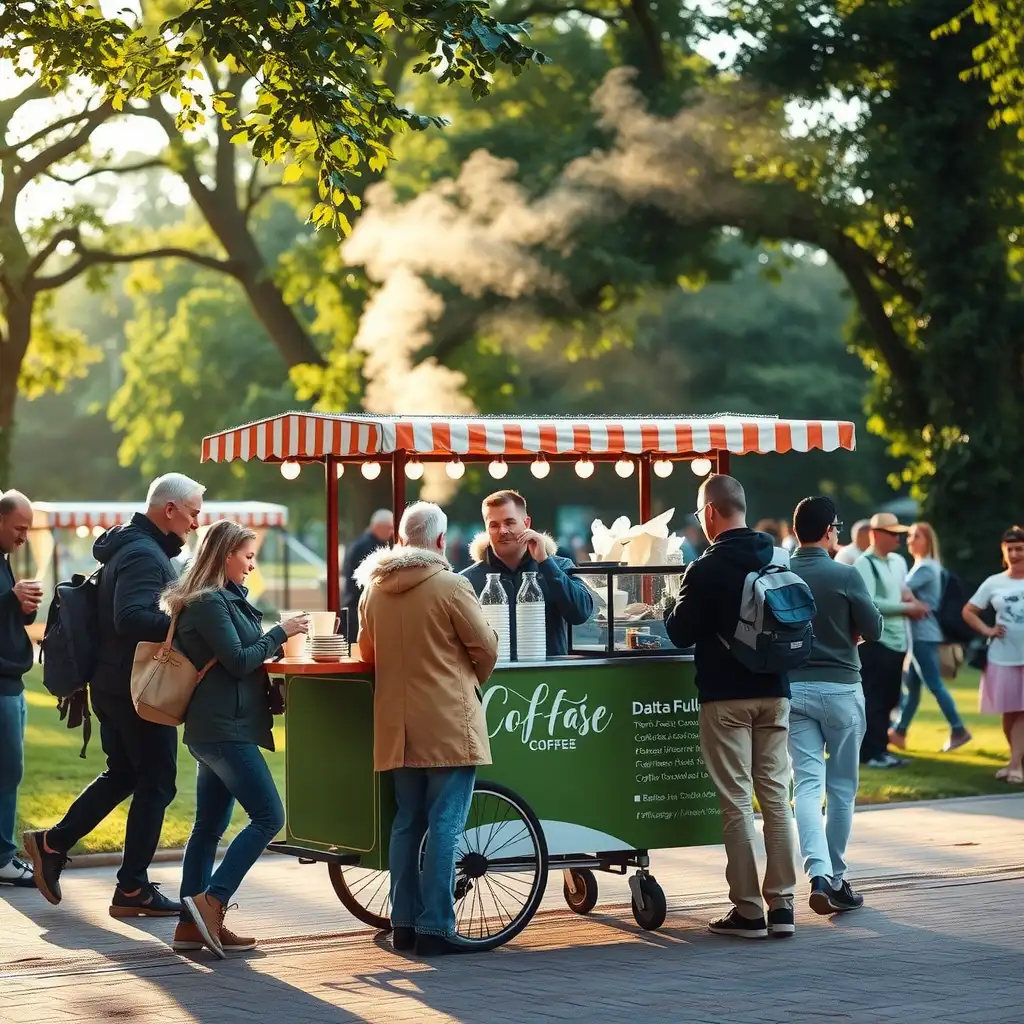 A vibrant mobile coffee cart in a bustling park, with steaming cups being served and customers enjoying drinks in a warm, inviting atmosphere.